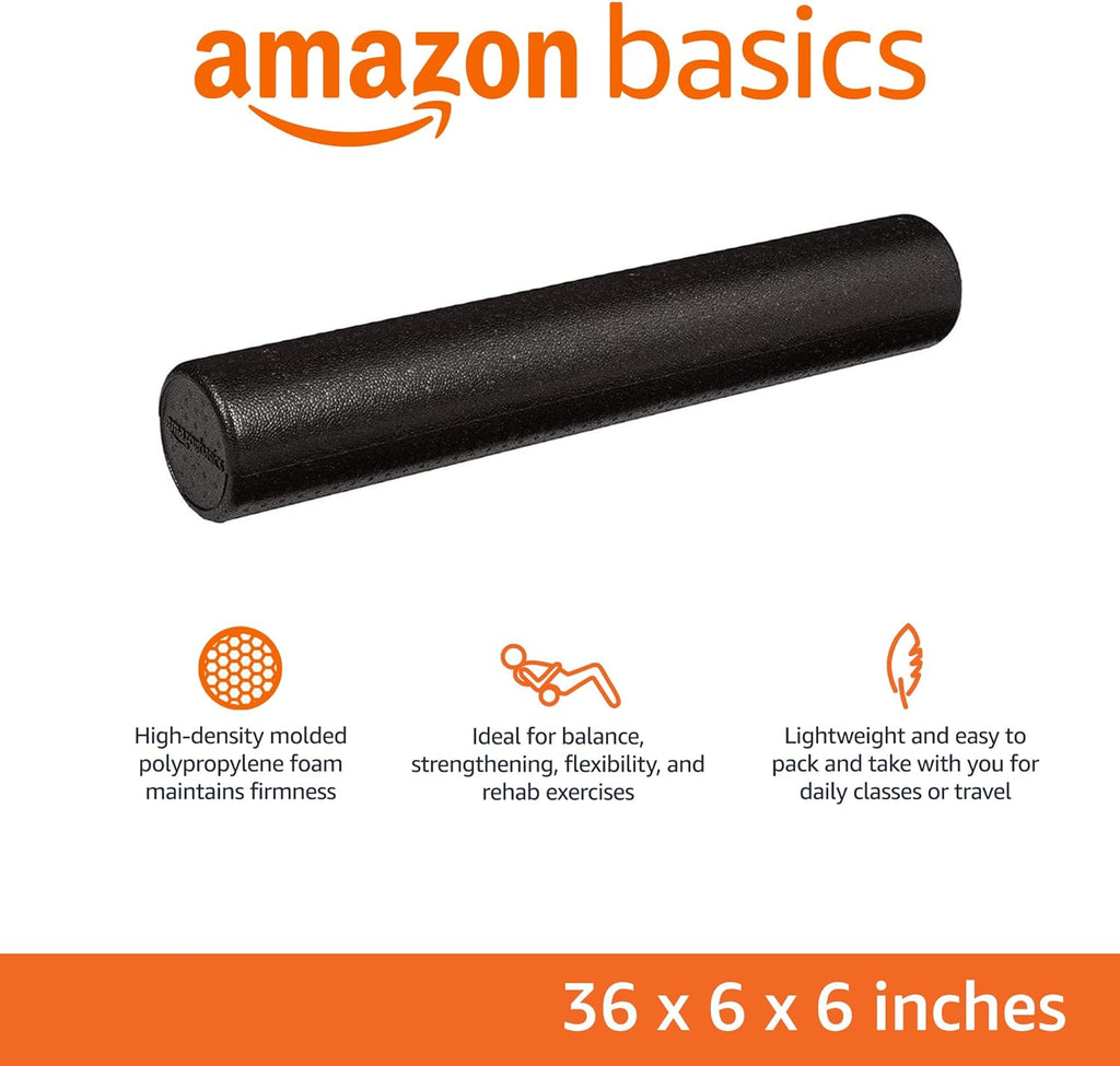 Amazon Basics Rodillo de espuma de alta densidad para ejercicio, estiramiento y recuperación muscular, 36 pulgadas, color negro