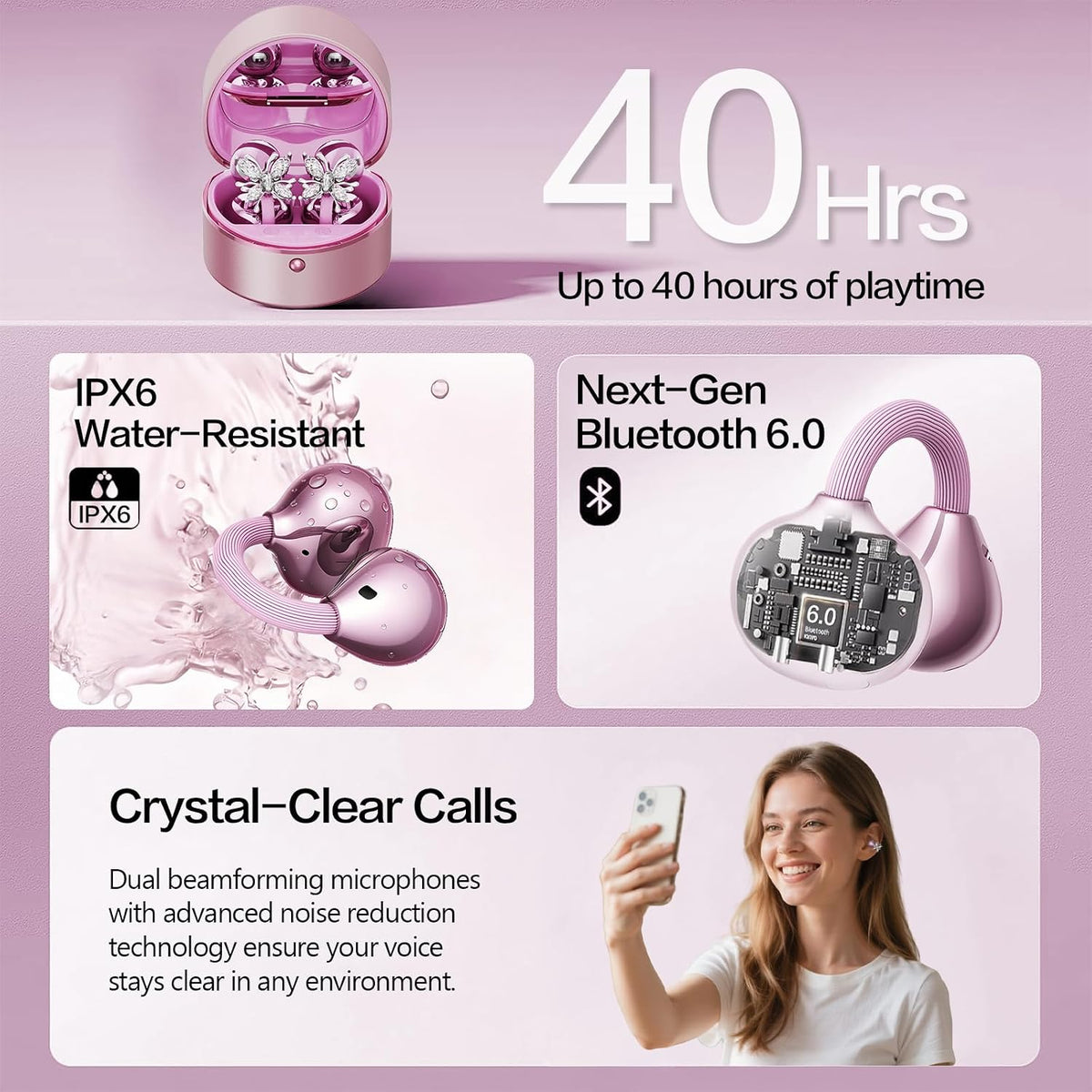 2026 Gran regalo con clip en auriculares con diseño de corazón y aretes de mariposa desmontables, auriculares inalámbricos Bluetooth 6.0 para mujer, IPX6 impermeable, tiempo de reproducción de