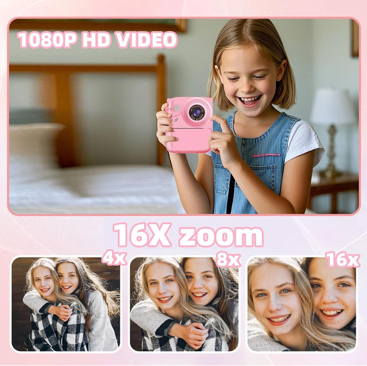 Cámara de impresión instantánea para niños, cámara de video 1080P c...
