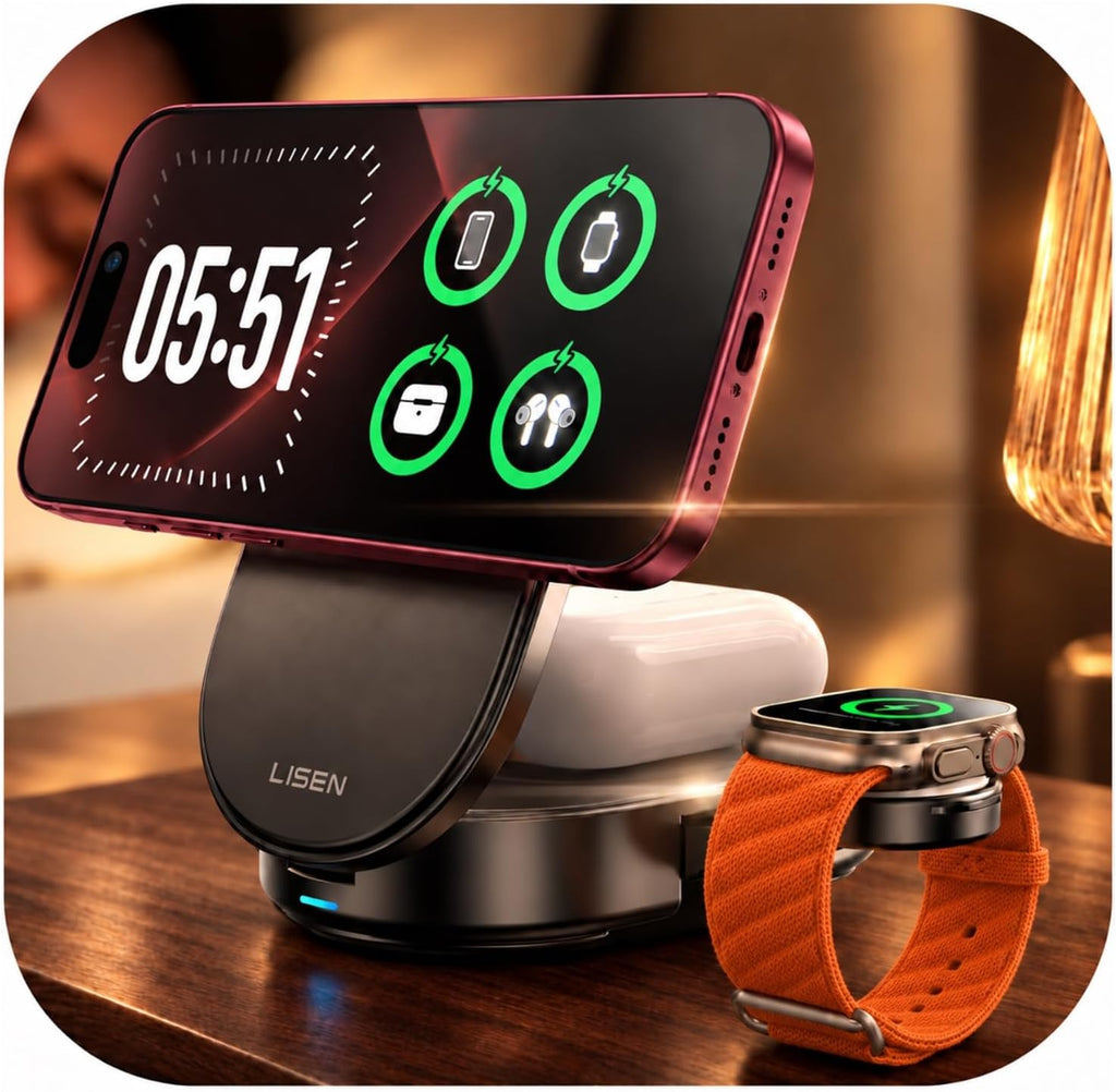 LISEN Estación de carga Qi2.2 25W 3 en 1 Apple para iPhone 17/18 Duo