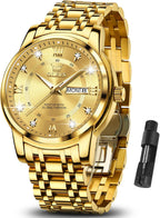 OLEVS Reloj de lujo para hombre de gran esfera con acero inoxidable y pulsera dorada, con día y fecha