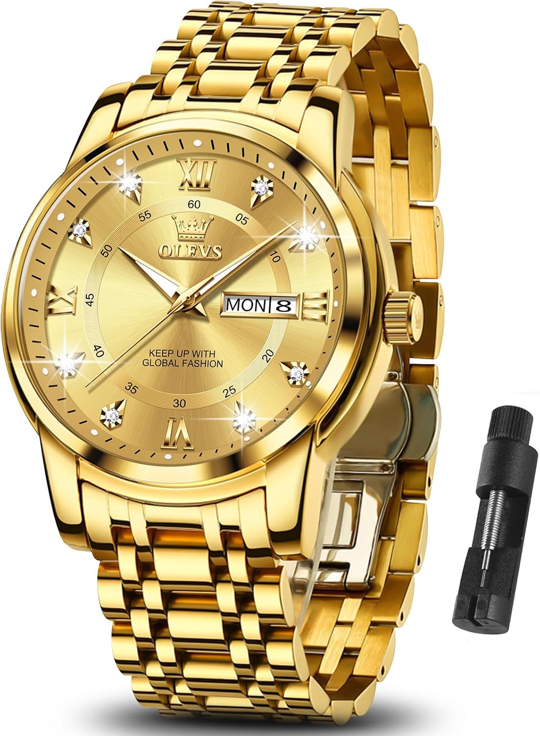 OLEVS Reloj de lujo para hombre de gran esfera con acero inoxidable y pulsera dorada, con día y fecha