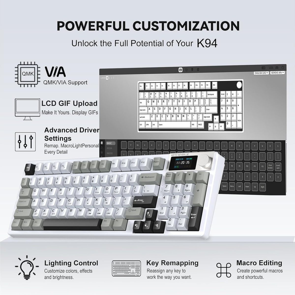 KEMOVE Teclado mecánico inalámbrico K94, QMK/VIA, pantalla LCD y perilla de