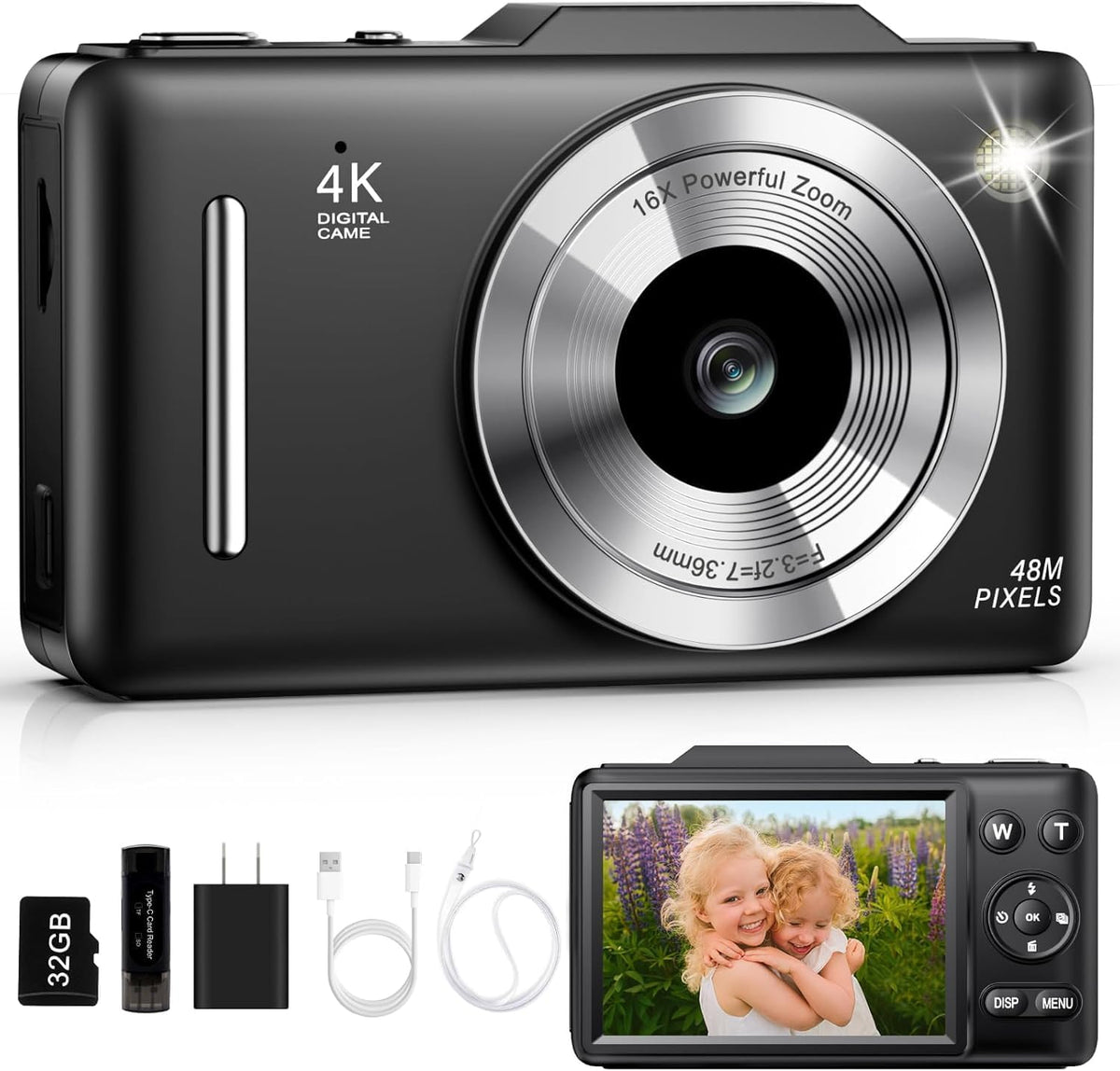 Cámara digital 4K para niños, cámara de enfoque automático de 48 MP con tarjeta de 32 GB, zoom 16X, anti-vibración, cámara compacta de punto y disparo para adolescentes principiantes, regalo de