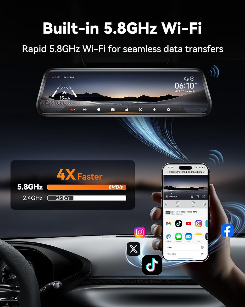 WOLFBOX G930 - Cámara de espejo retrovisor de 10'' con WiFi de 5.8GHz, cámara de salpicadero 4K frontal y trasera con WDR, espejo retrovisor de respaldo con pantalla táctil, monitor de estacionamiento
