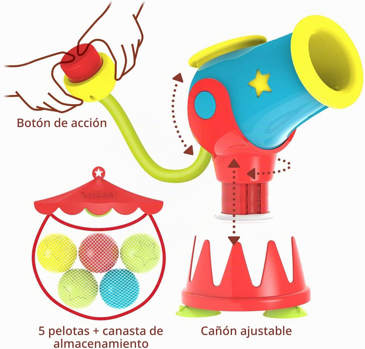Yookidoo Juguetes de baño para niños pequeños (de 4 a 8 años) – Lanzador de bolas de cañón de agua – Ventosas para cualquier bañera o ducha – Incluye 5 bolas y aro para disparar – ¡Convierte la hora