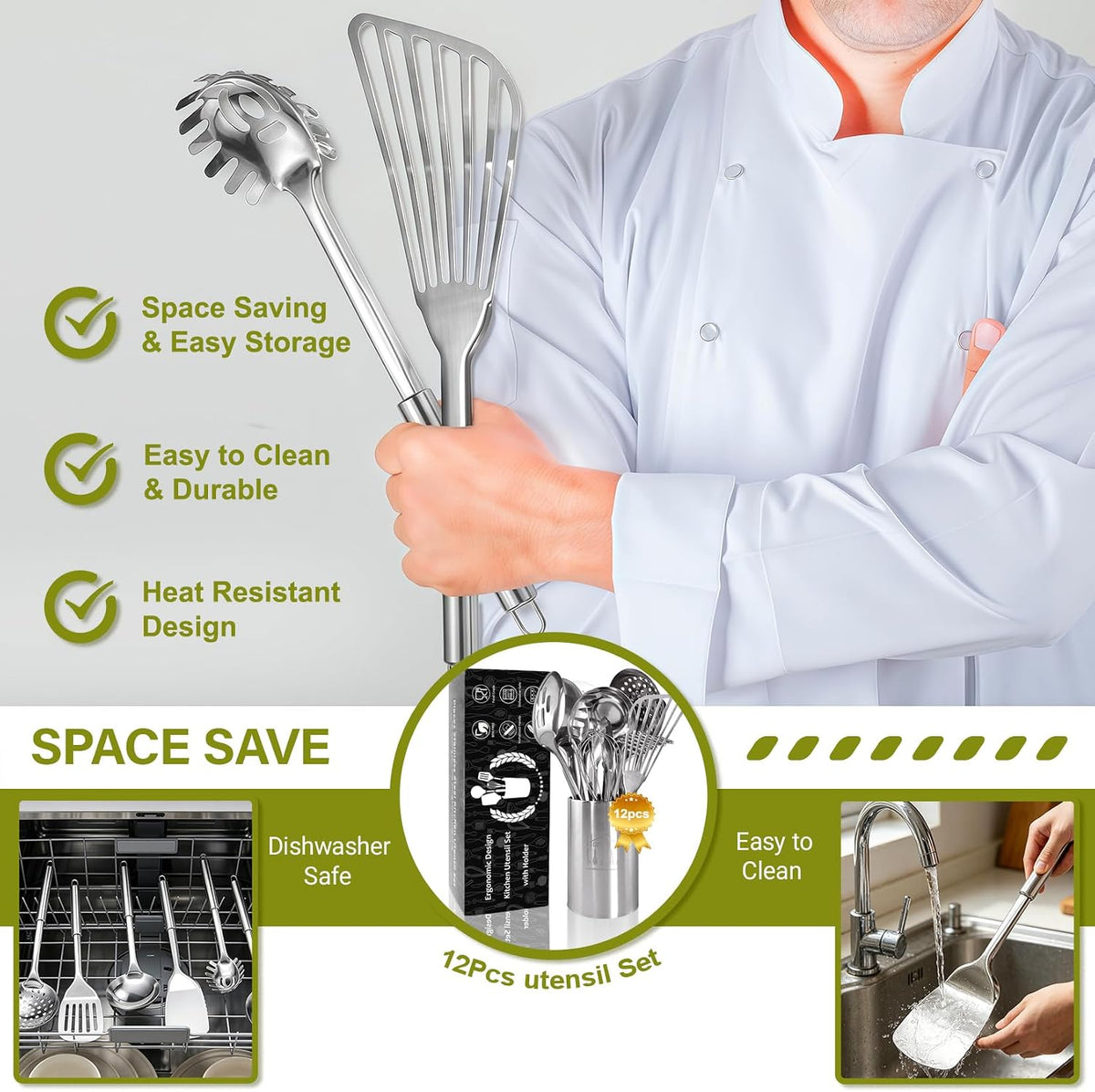 Juego de utensilios de cocina de acero inoxidable – Juego de utensilios de cocina de 12 piezas con soporte, juego de herramientas de cocina resistentes al calor para cocinar con volteadores