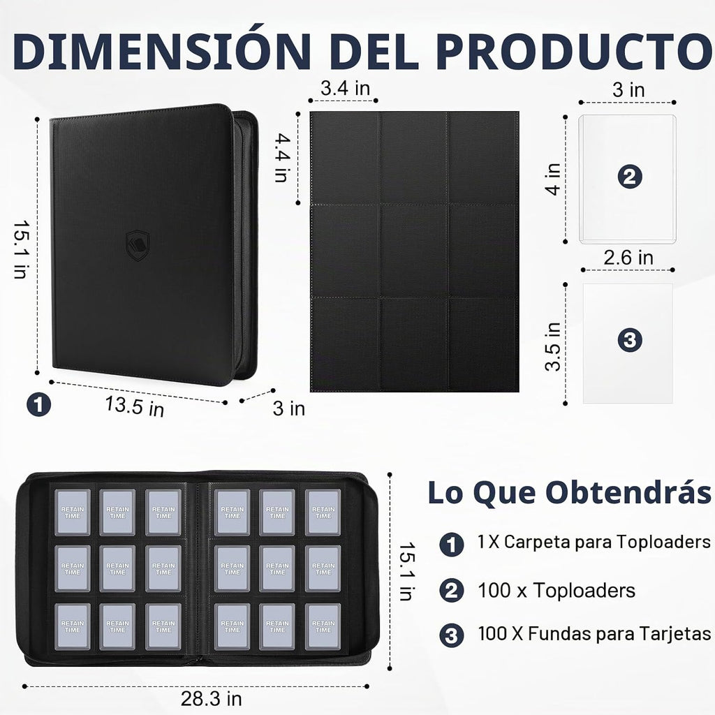 Carpeta Top Loader 9 Bolsillos, Capacidad para 360 Toploaders, 100 Toploaders INCLUIDOS