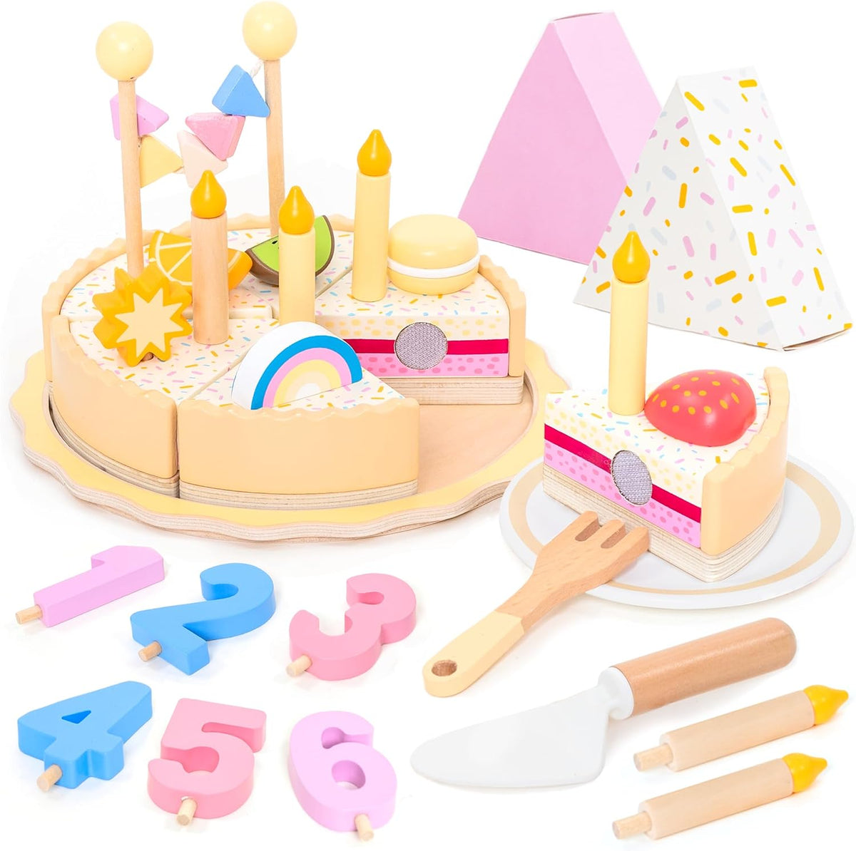 UMU® Juego de pastel de cumpleaños de madera, juguete de cocina con velas, números, frutas y coberturas, comida de madera para niños de 3, 4, 5 años, juguete de fiesta de juego de rol para niñas y niños