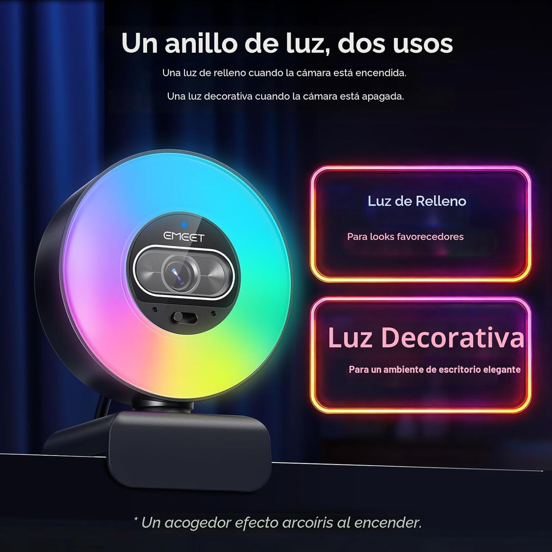 EMEET Cámara web S600L 4K para transmisión con luz de anillo, 4 mod...