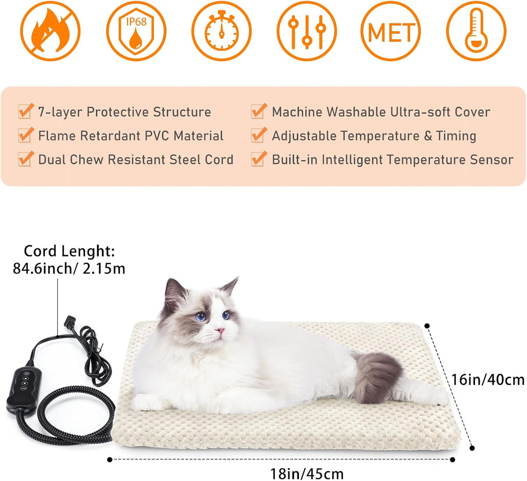 Cama térmica para gatos, almohadilla térmica impermeable de temperatura ajustable para perros y gatos con temporizador, almohadilla térmica para mascotas para gatos y perros, almohadillas