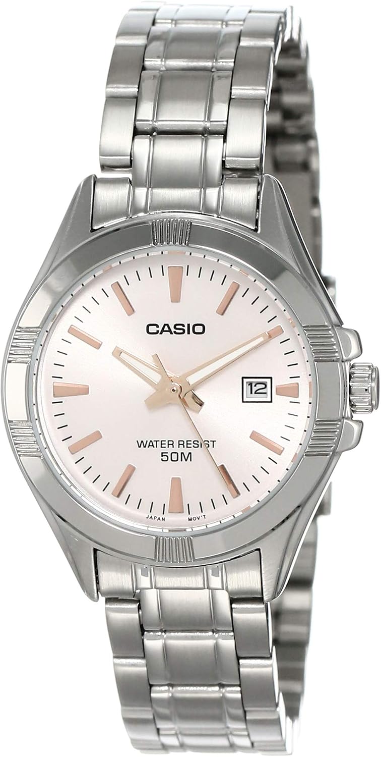 Casio #LTP1308D-4AV Reloj analógico de acero inoxidable con esfera rosa y fecha para mujer