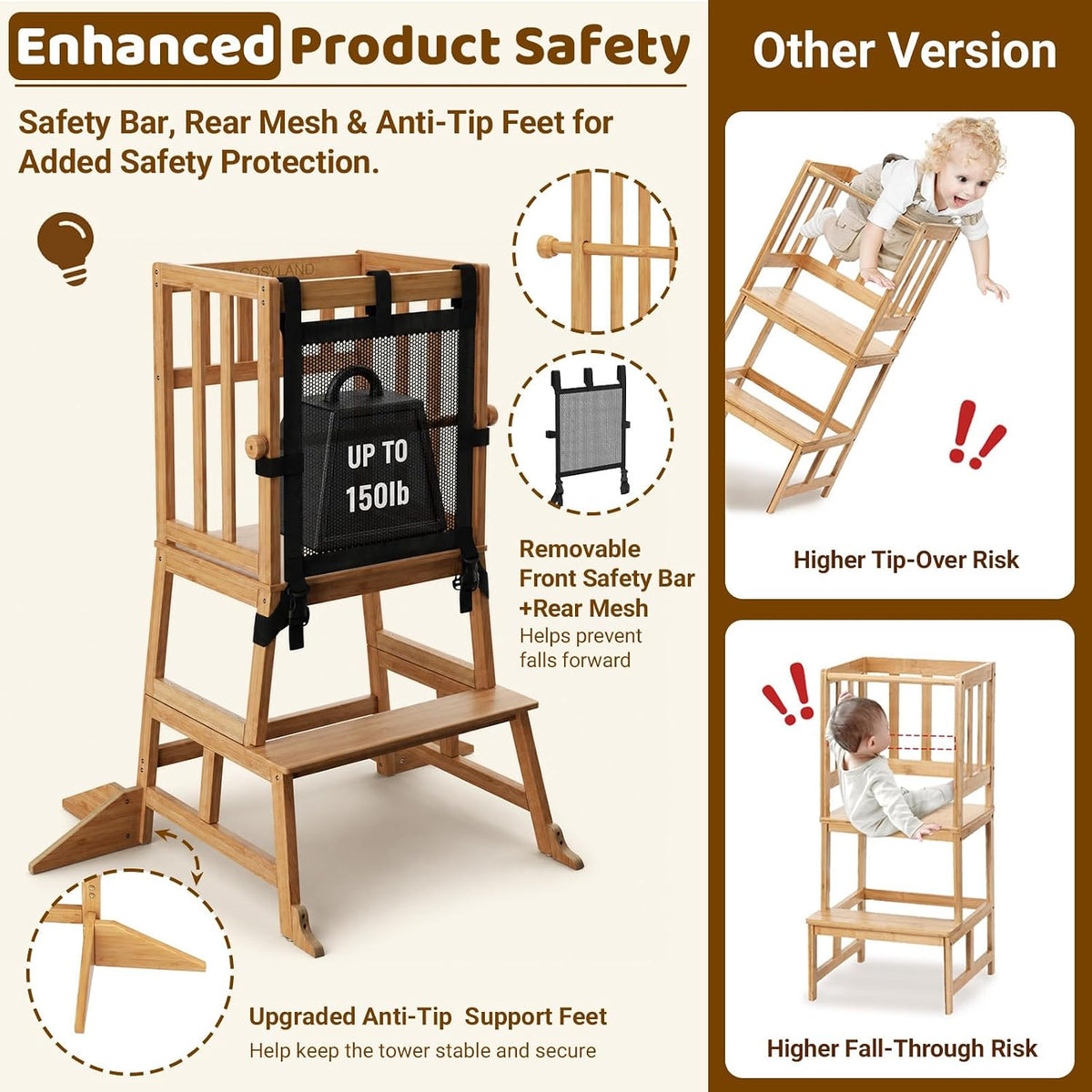 COSYLAND Taburete de cocina para niños pequeños, 1.5-3 años, natural