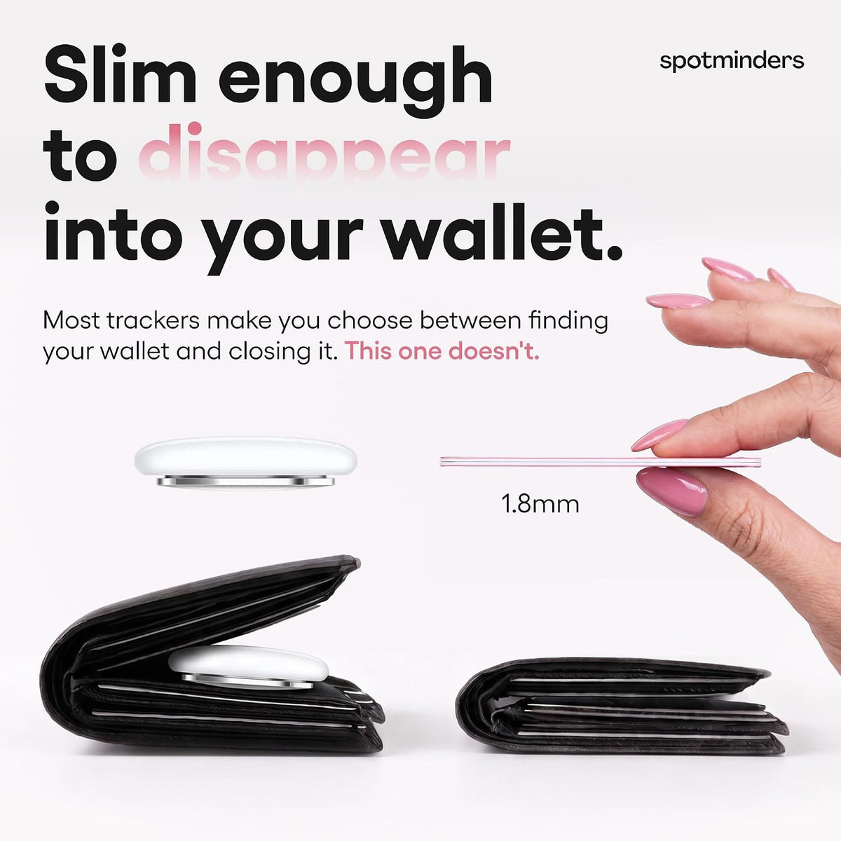 SPOTMINDERS - Cartera de tarjeta de crédito con certificación MFi de Apple, color rosa (solo iOS), esencial de viaje para mujer, funciona con Apple Find My Tarjeta de seguimiento recargable, IP68, 0.07 pulgadas, buscador de artículos delgado para