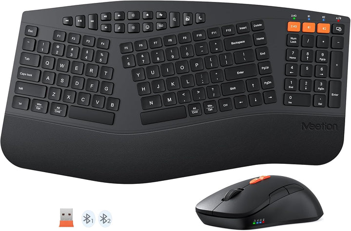 MEETION Teclado y mouse ergonómicos, teclado Bluetooth multidisposi...