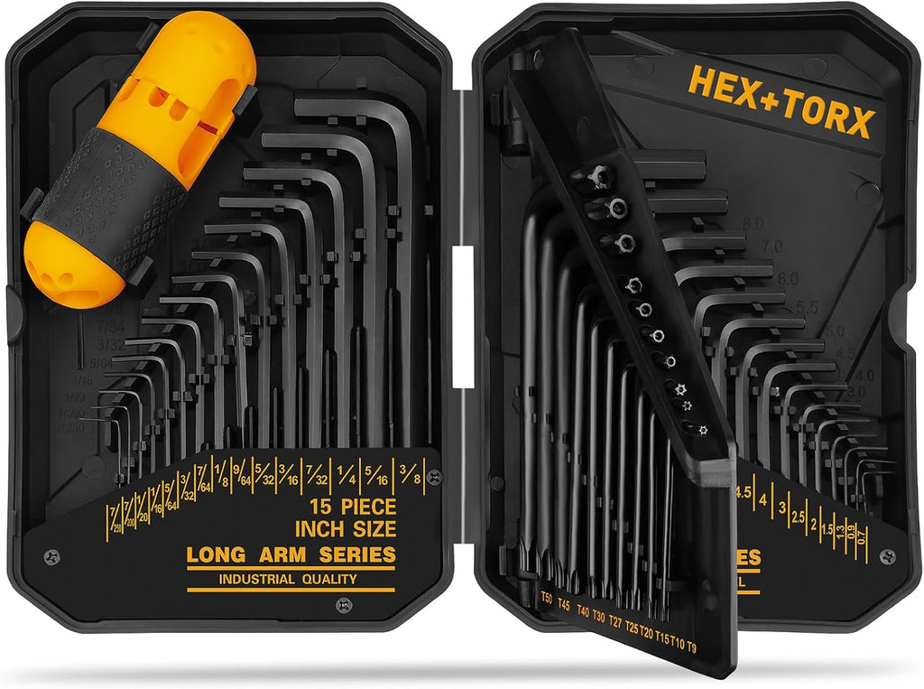 Juego de llaves Allen hexagonales: Juego de 41 piezas de llaves hexagonales y Torx con mango de torque, estándar SAE (0.028"-3/8") y métrico (0.7mm-10mm) y Torx (T9-T50) en estuche de