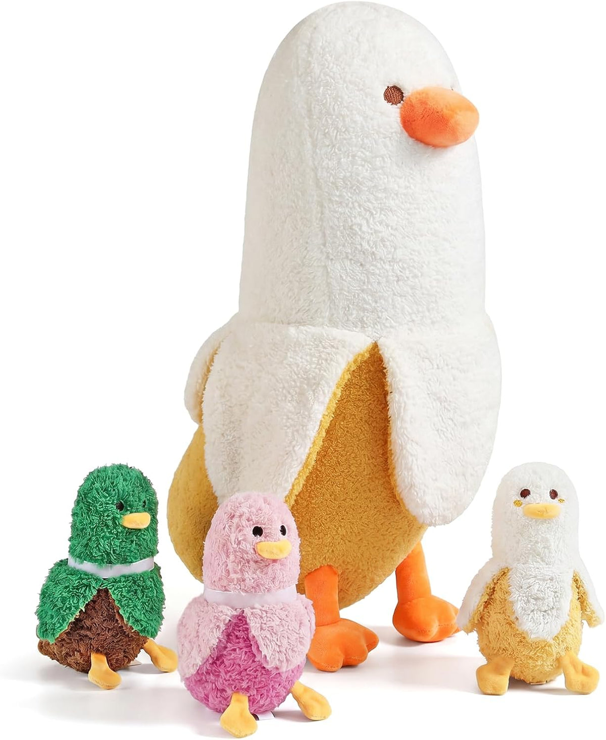 PEACH CAT Peluche de pato plátano con diseño de banana 1 mamá 19.7" Animal de peluche de pato con 3 lindos bebés dentro, juego de 4 piezas de peluches para regalos para niñas y niños