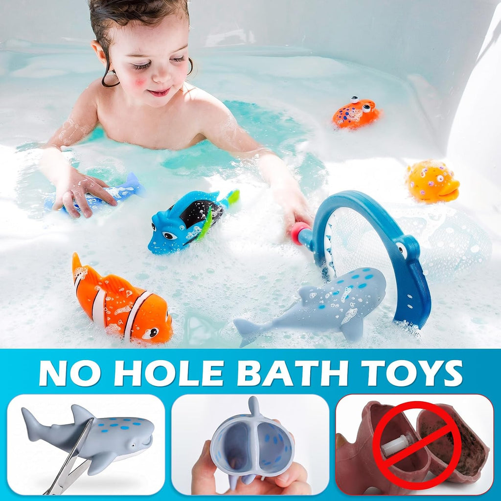 Juguetes de baño sin moho sin agujeros para niños de 1 a 3 años, juguetes de agua para bebés de 6 a 12 meses con bolsa de almacenamiento, juguetes de tiburón bebé para piscina, bañera, playa, ducha, bañera, regalo ideal para niños y niñas