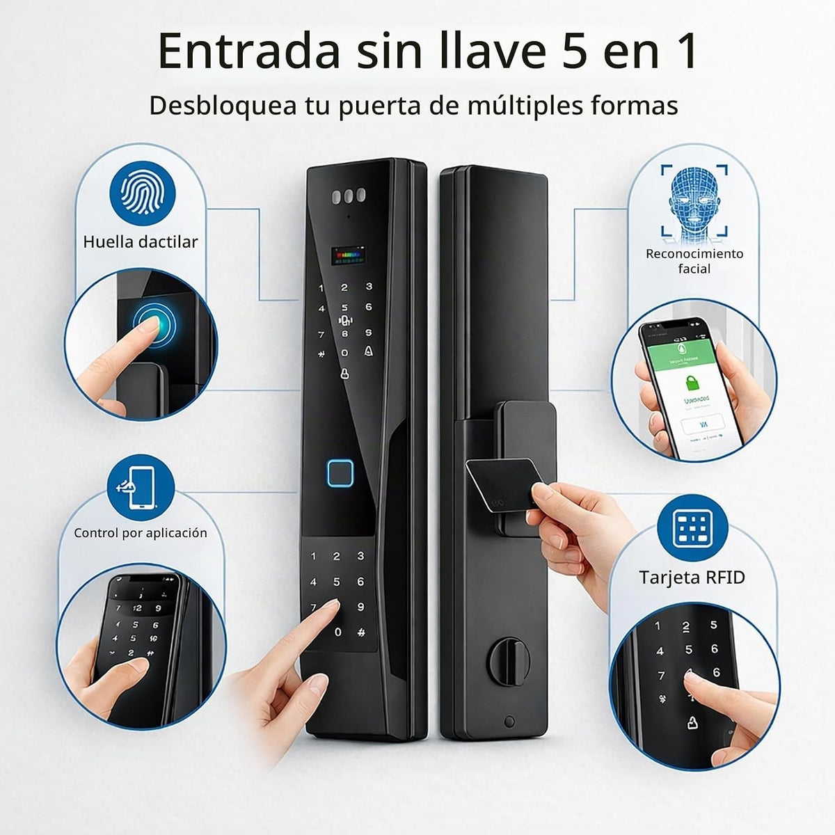 Cerradura de puerta inteligente con videoportero: reconocimiento facial 3D y entrada de huellas dactilares, cerrojo digital Palm Scan con control de aplicaciones, entrada sin llave para hogares