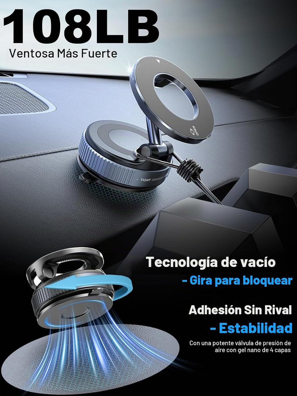 snanlen Soporte magnético de teléfono mejorado al vacío de 360°, soporte magnético para teléfono para automóvil, soporte de teléfono con ventosa manos libres para automóvil/gimnasio/espejo/ducha