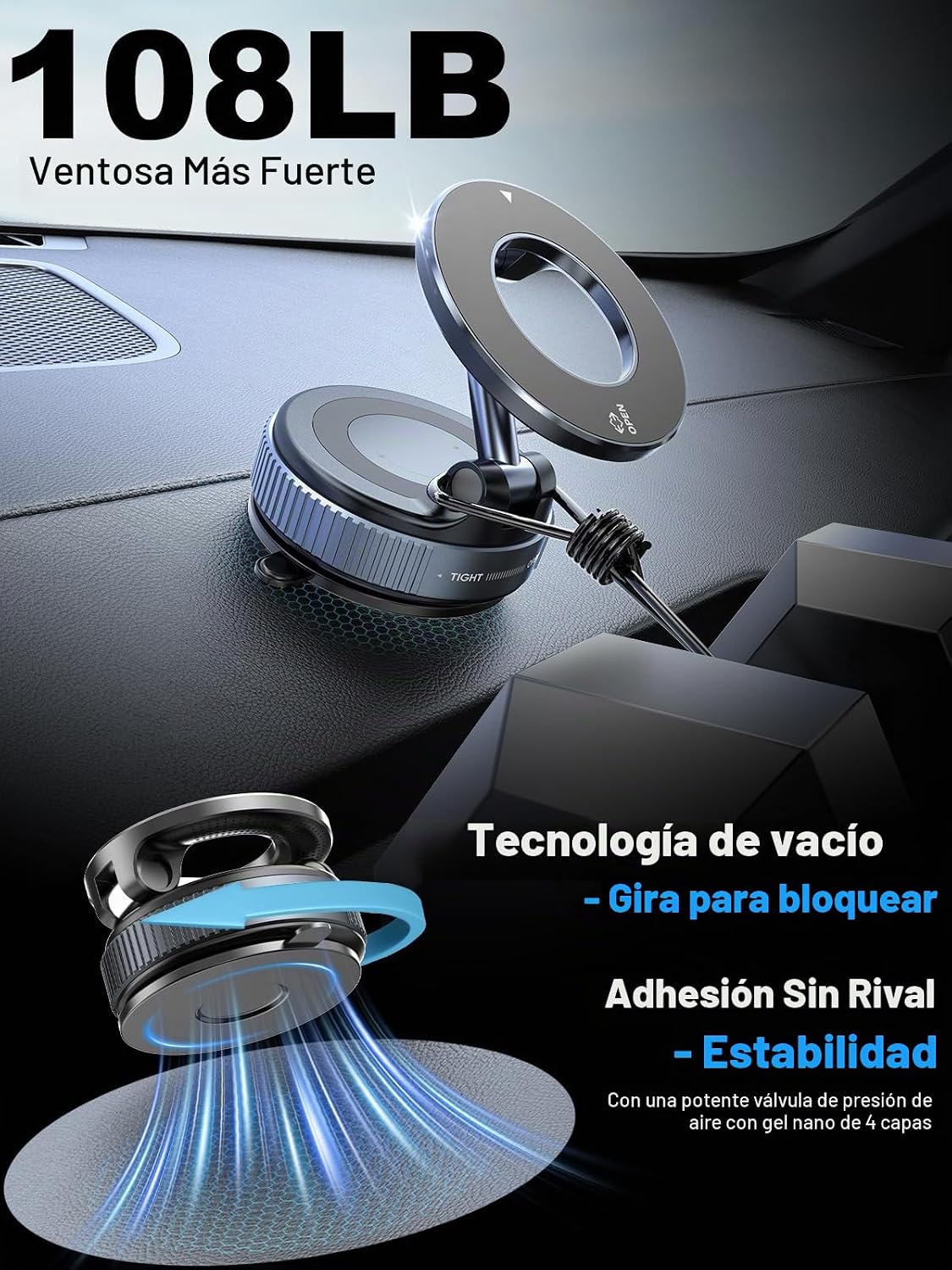 snanlen Soporte magnético de teléfono mejorado al vacío de 360°, soporte magnético para teléfono para automóvil, soporte de teléfono con ventosa manos libres para automóvil/gimnasio/espejo/ducha