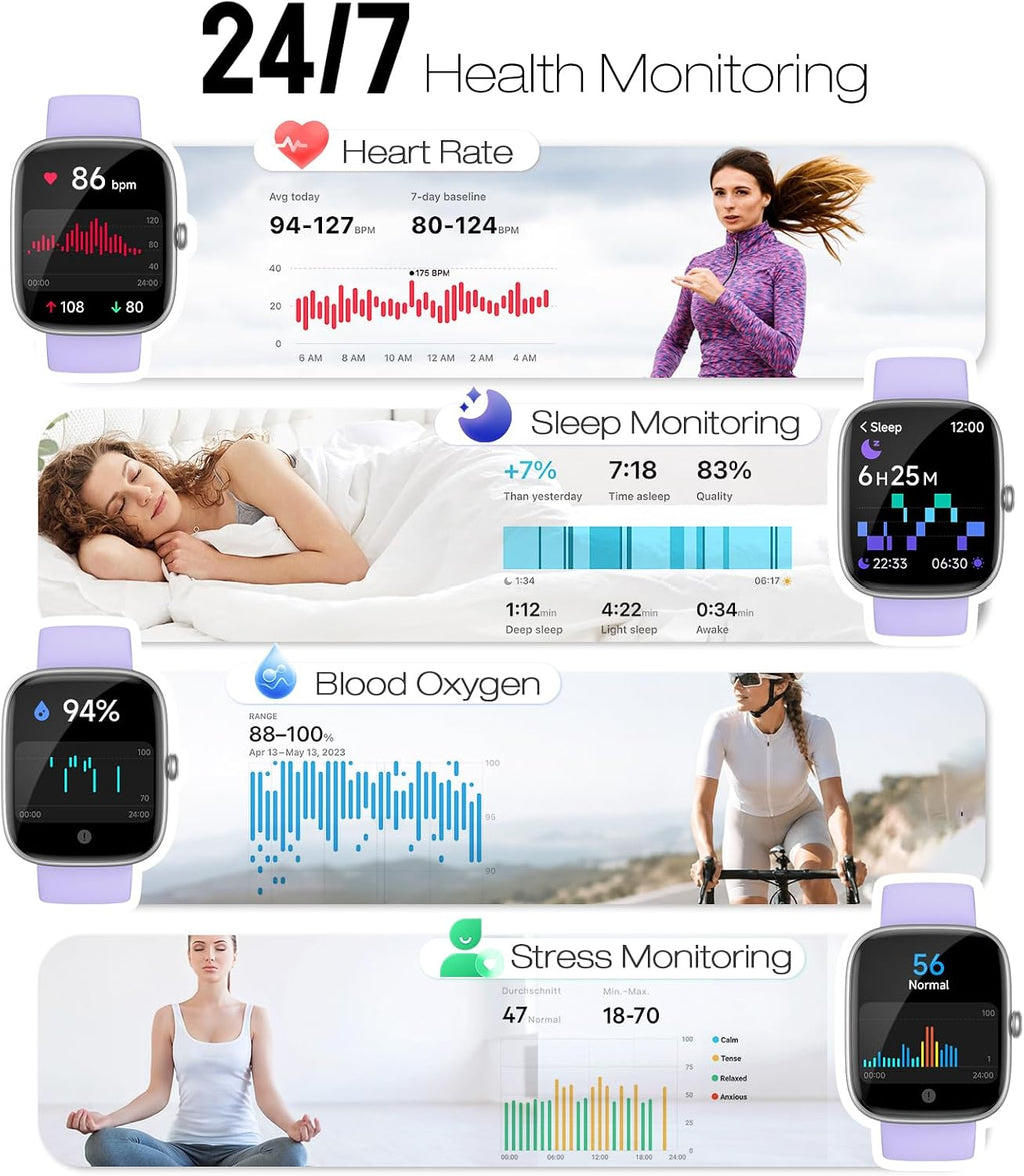 Reloj inteligente para mujer, rastreador de fitness HD de 1.83 pulgadas (respuesta/hacer llamadas) con monitor de frecuencia cardíaca 24/7/sueño/SpO2, resistente al agua IP68, más de 100 modos
