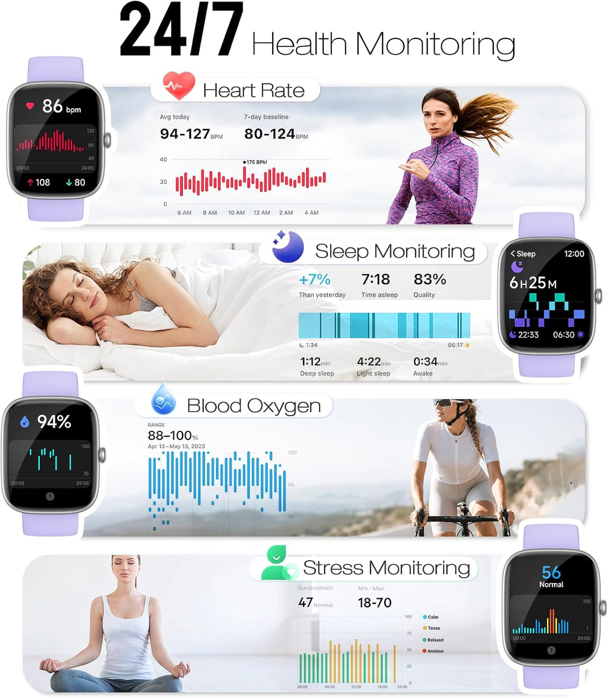 Reloj inteligente para mujer, rastreador de fitness HD de 1.83 pulgadas (respuesta/hacer llamadas) con monitor de frecuencia cardíaca 24/7/sueño/SpO2, resistente al agua IP68, más de 100 modos