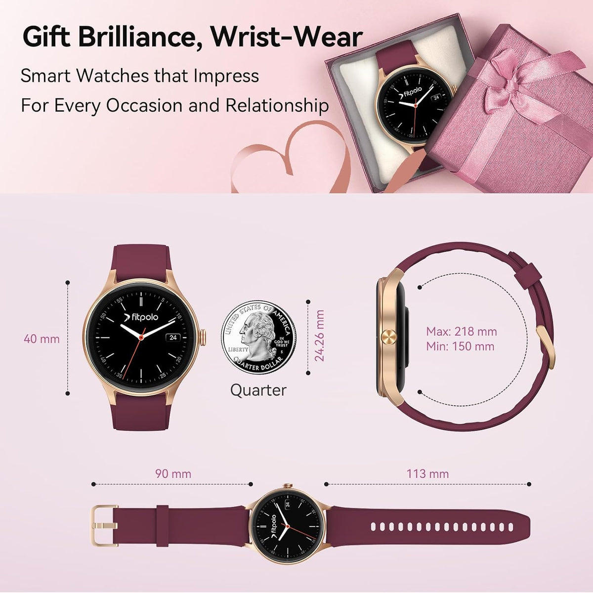 Fitpolo - Reloj inteligente para mujer, pantalla HD de 1.57 pulgadas