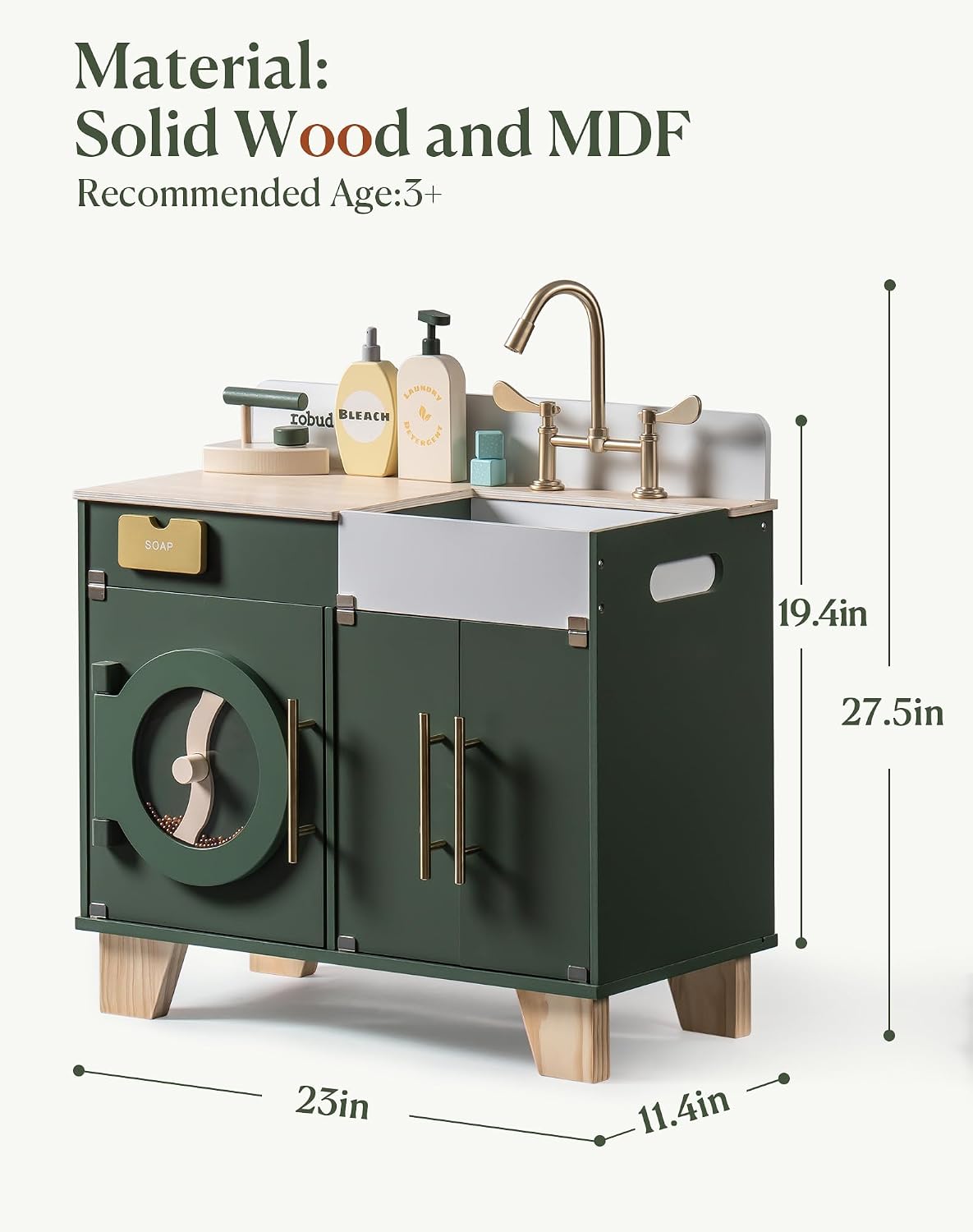 ROBUD Cocina de juego para niños, lavadora multifunción de madera para niños, juego de cocina para niños, lavadora de juguetes de cocina con accesorios, regalo perfecto para bebés de 3 a 8 años