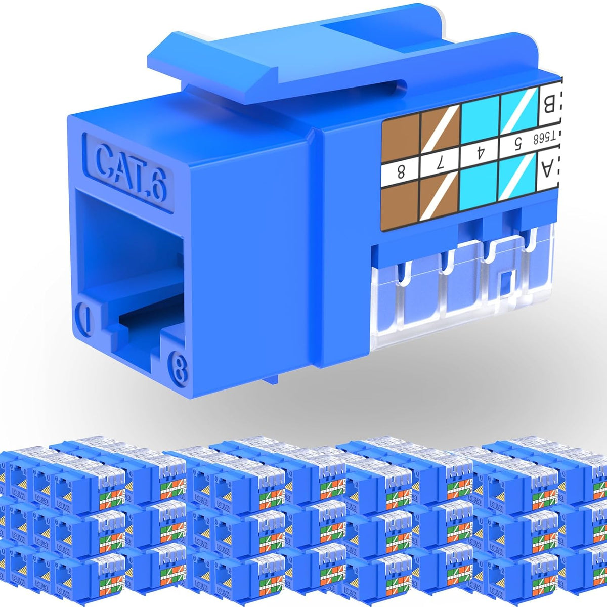 Rapink Soporte de conector Keystone RJ45 Cat6 10G, conectores Keystone Cat6 UTP 100 unidades para placa de pared y panel de conexiones, Rj45 Keystone 90 grados color azul para cableado Cat 6, Cat5e