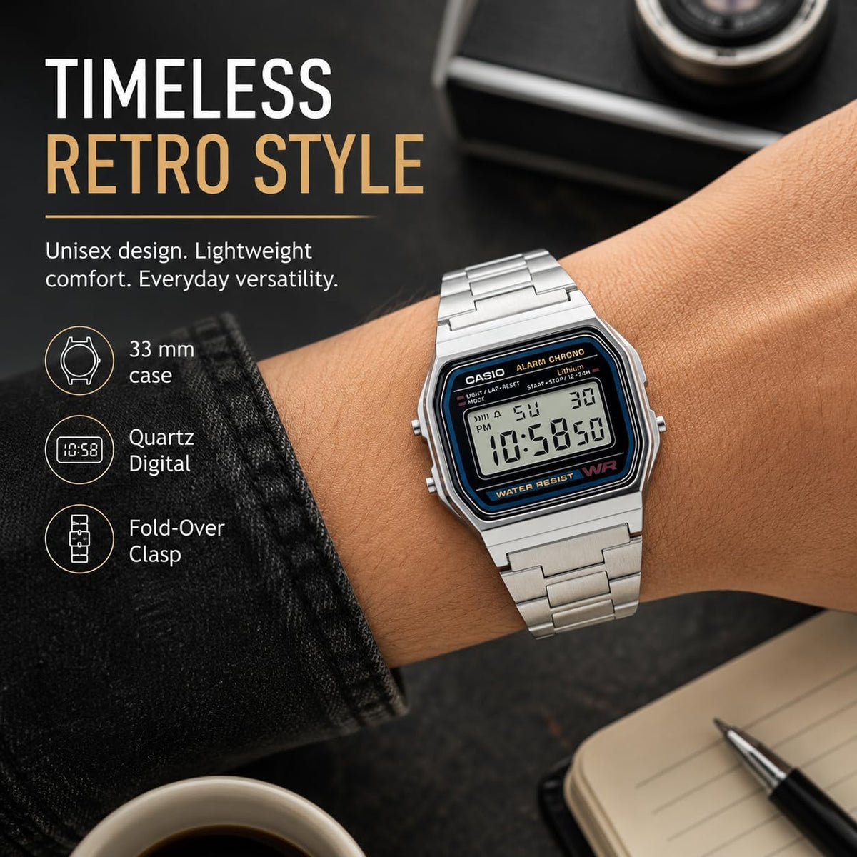 Casio A158WA Series | Reloj Digital Unisex | Vintage | WR | Cronómetro 100 SEG | Alarma Diaria | Hora Regular: Hora, Minuto, Segundo, PM, Fecha, Día | Luz LED | Batería 7 Años