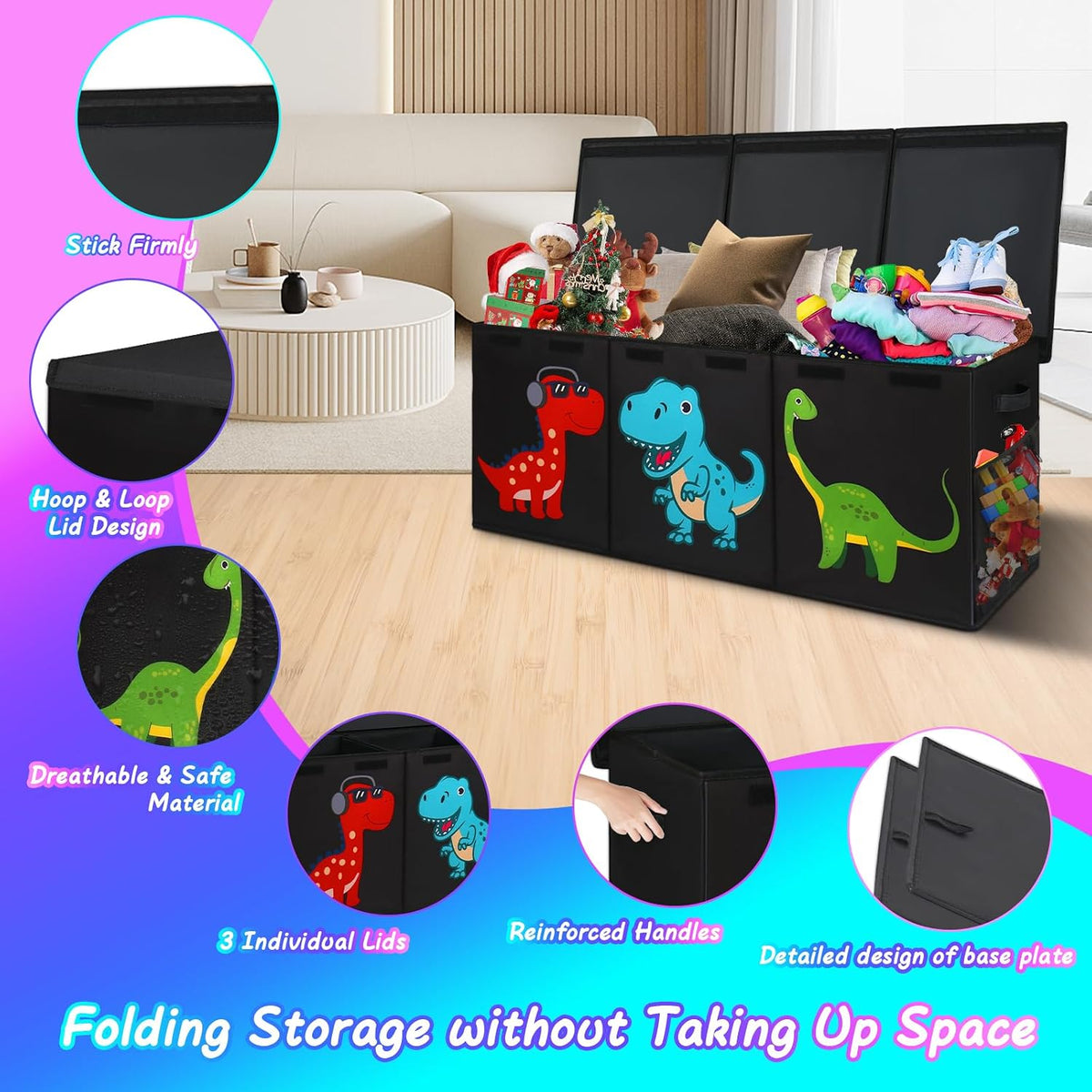 Caja de juguetes Extra Large, cofre de almacenamiento para niños con tapa, 40"x16"x16", negro