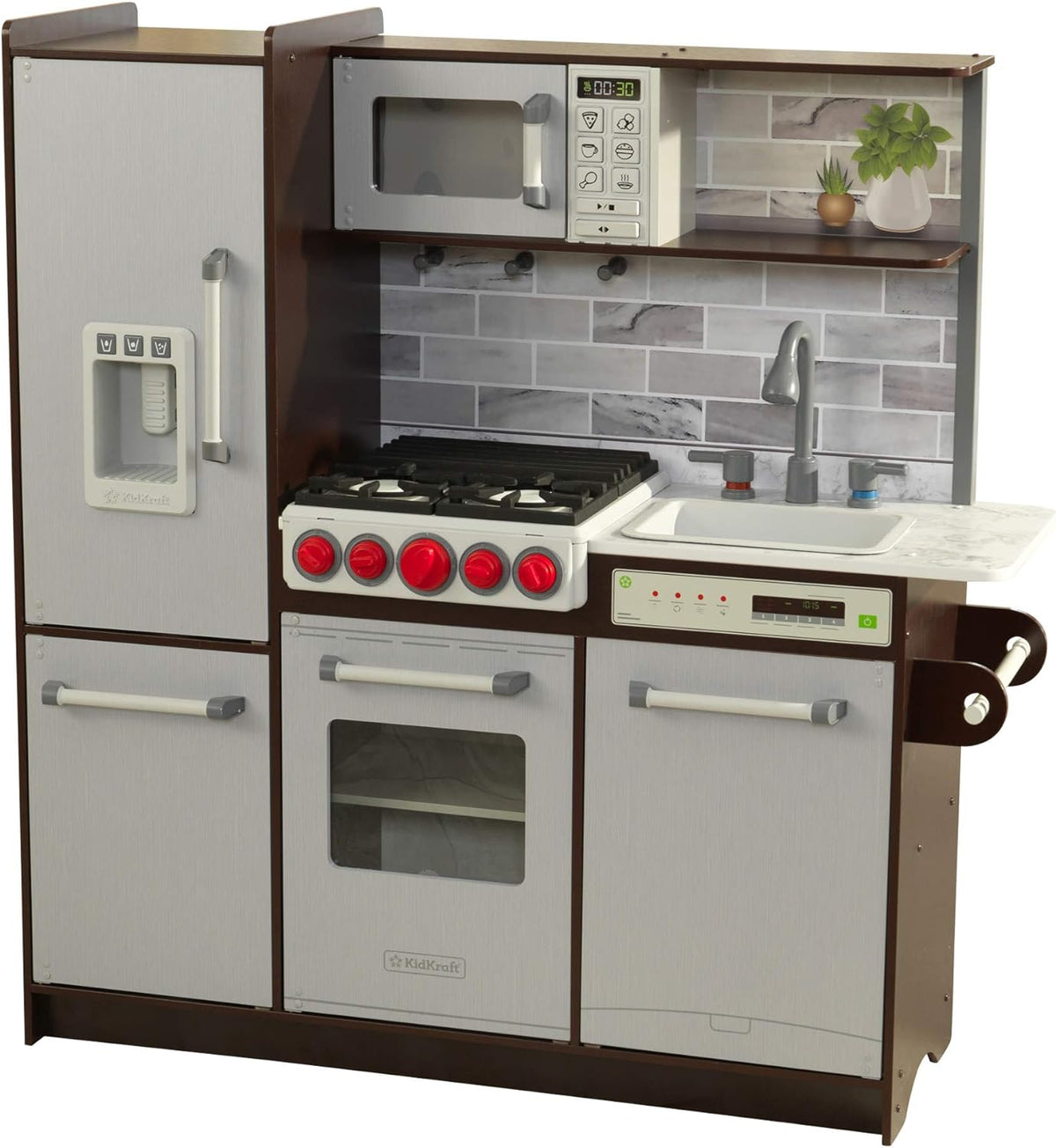 KidKraft Uptown Elite Espresso Play Kitchen con EZ Kraft Assembly™, luces y sonidos, máquina de hielo de trabajo y botones de clic y giro, regalo para mayores de 3 años