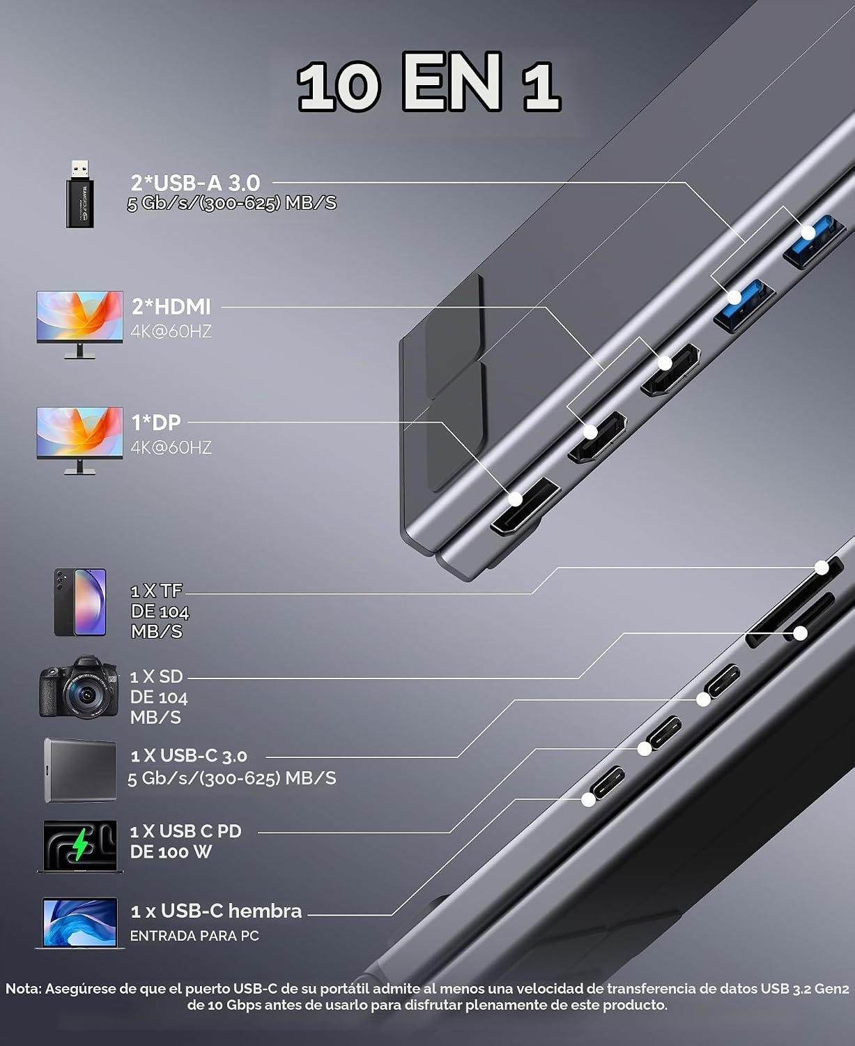 Estación de acoplamiento USB C para laptop 3 monitores 4K a 60Hz, c...