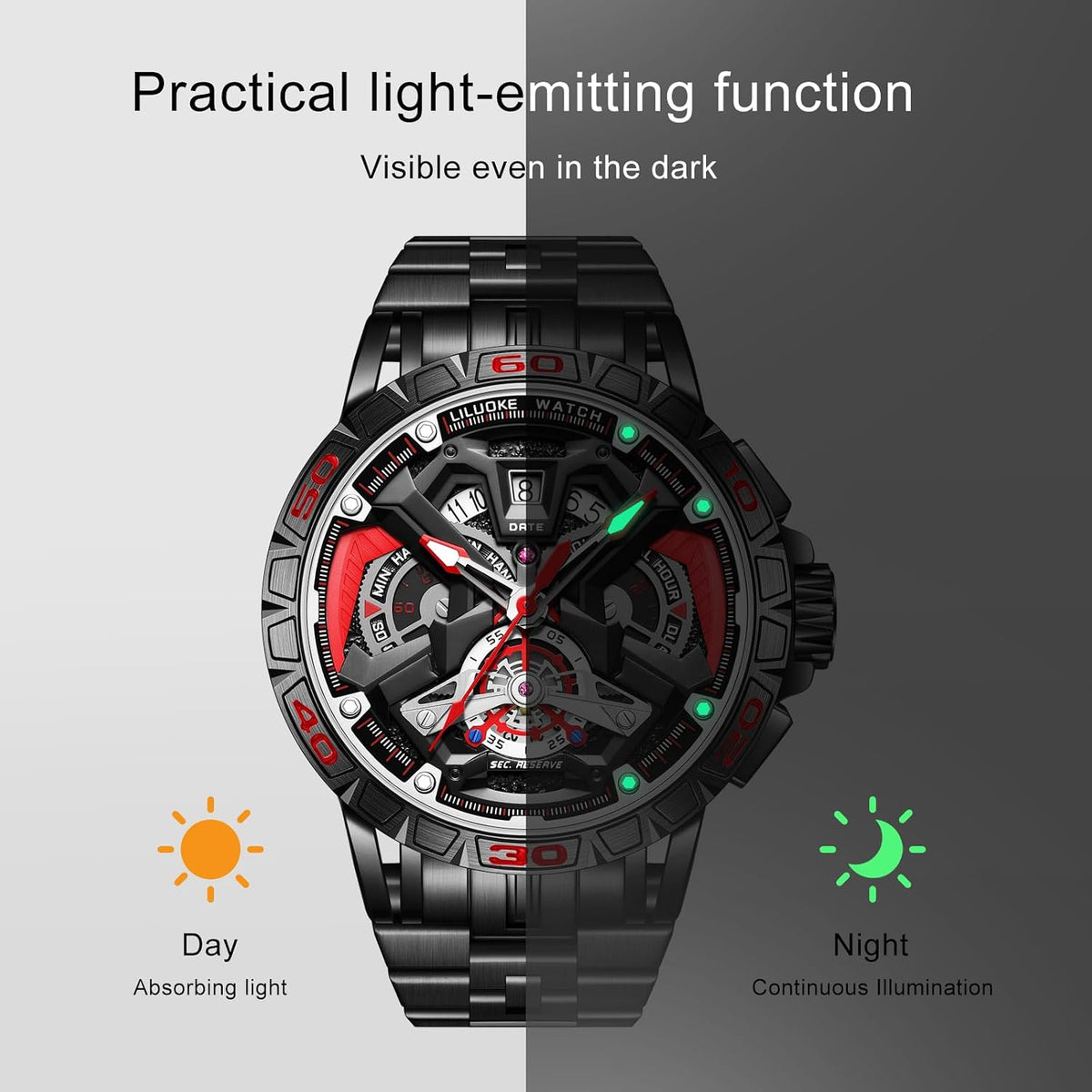 relojes de pulsera informales para hombre, diseño luminoso, cara grande, reloj negro de cuarzo de 30 ATM, regalos únicos para hombres.