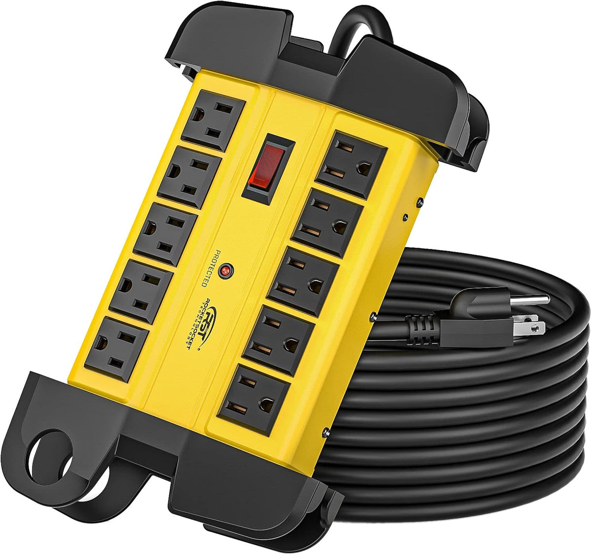 Regleta de alimentación de 10 salidas con protector contra sobretensiones de metal resistente con 15 amperios, cable de alimentación de 15 pies, 2800 julios para jardín, cocina, oficina