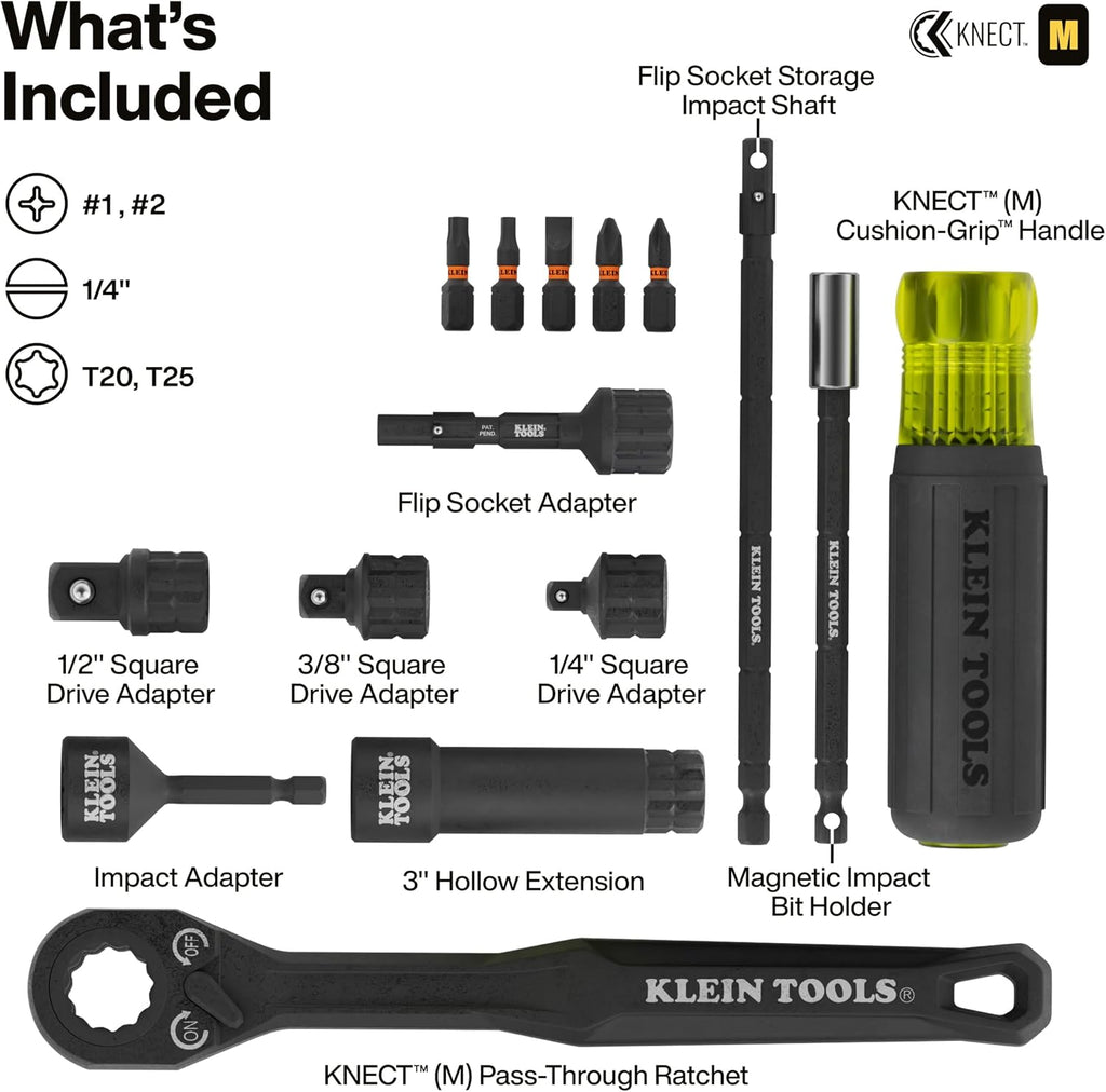 Klein Tools 65500KNECT KNECT Juego de llaves de impacto, juego de llaves de paso SAE y métrico, ratilla de 90 dientes, estuche MODbox, SAE, métrico, mango de destornillador, brocas, 39 piezas