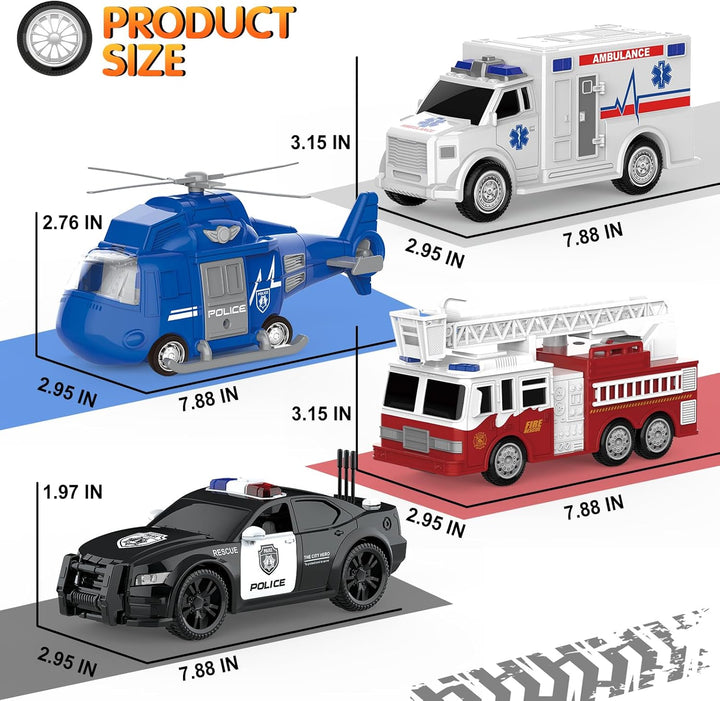 COVTOY Paquete de 4 vehículos de emergencia con luces y