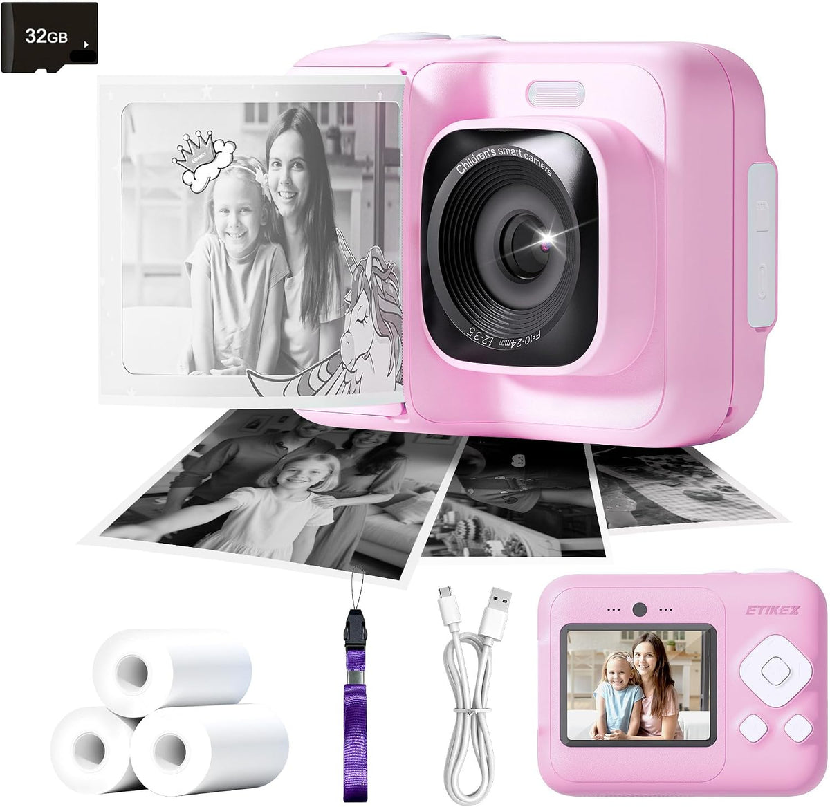 Kids Camera, 1080P Instant Digital Print Camera para Kids, Pink