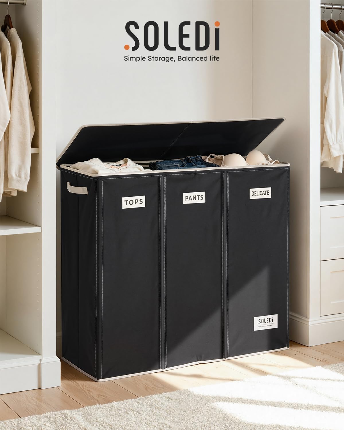 SOLEDI Cesta de lavandería de 3 secciones de 200 litros con tapa, cesta de ropa sucia extragrande con asas resistentes para lavandería y dormitorio, organizador duradero para clasificar la ropa sucia
