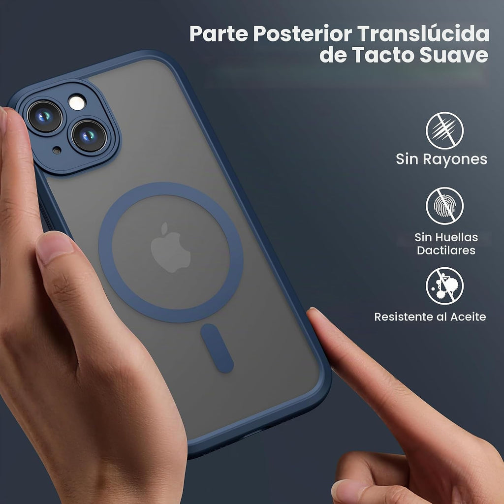 ImpactStrong Protector magnético diseñado para iPhone 15 [protección de cámara] [prueba de caídas de grado militar] [compatible con MagSafe] Funda delgada translúcida mate (6.1 pulgadas), azul marino
