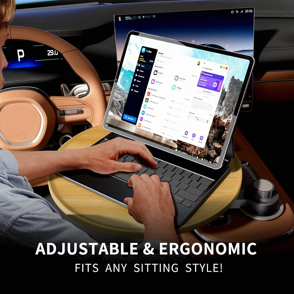 Bandeja de Auto y Escritorio de Auto para Laptop, Soporte Giratório de 360° de Madera, Bandeja para Volante, Accesorios de Auto para Mujeres y Hombres, Compatible con Tesla Model Y/3/S, Ford F150
