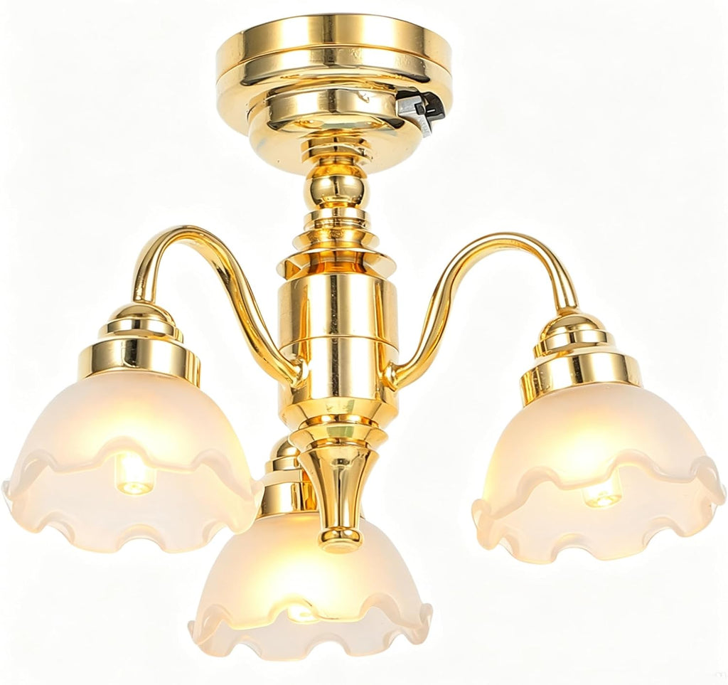 Lámpara TOYANDONA Candelabro de casa de muñecas a escala 1/12, pantalla de flores, lámpara de techo para casa de muñecas, luces en miniatura, funciona con pilas, para decoración de accesorios de casa de