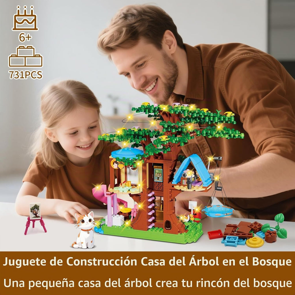 Treehouse - Juego de construcción compatible con amigos, 731 piezas para niñas, kit de construcción de casa de árbol forestal, juguetes con luz LED, gato, tobogán y hamaca de cielo, regalos de cumpleaños de Navidad para niños y niñas de 6 a 12 años