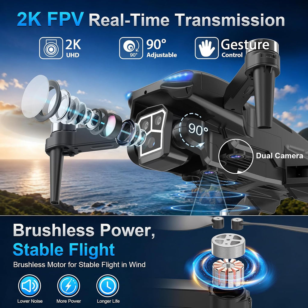 Drone con cámara 2K - Controlador de pantalla HD de 4.3 pulgadas para principiantes, motor sin escobillas, giro de 360°, despegue/aterrizaje con una tecla, retorno de una tecla, 2 baterías, tiempo de