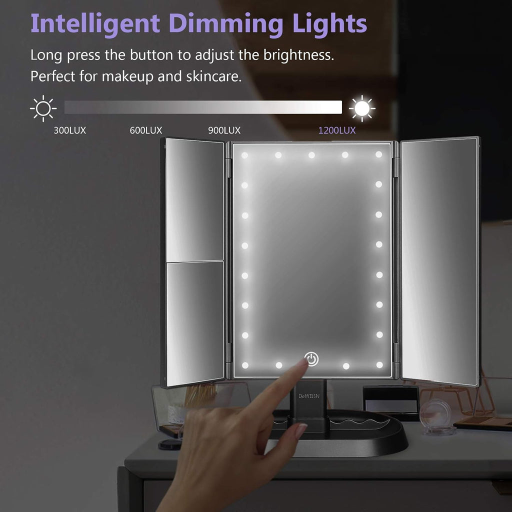 Espejo de maquillaje con iluminación triple con 21 luces LED, aumento 1x/2x/3x y atenuación de pantalla táctil, dos fuentes de alimentación, espejo de maquillaje, regalo para mujeres