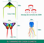 Mint's Colorful Life Paquete de 3 cometas para niños y adultos, fácil de volar, mariposa delta, pulpo, juego para principiantes, grandes cometas de playa para juegos y actividades al aire libre