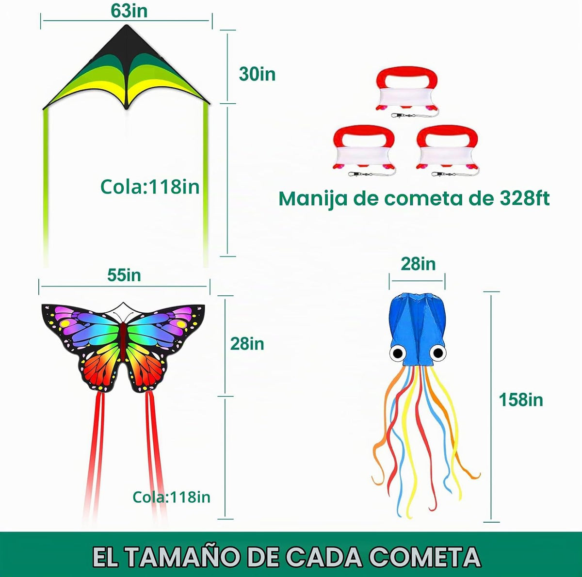Mint's Colorful Life Paquete de 3 cometas para niños y adultos, fácil de volar, mariposa delta, pulpo, juego para principiantes, grandes cometas de playa para juegos y actividades al aire libre