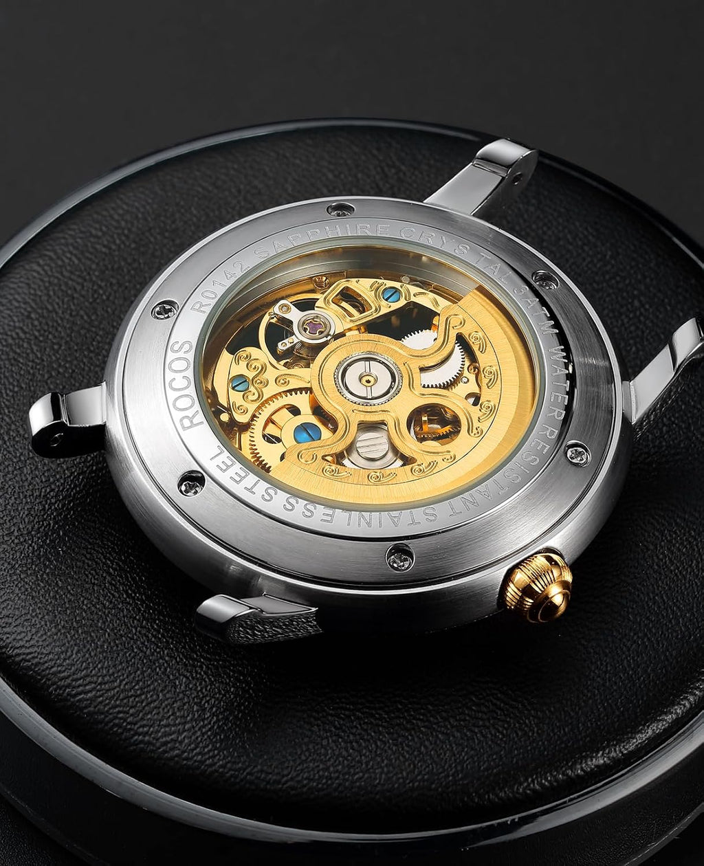 ROCOSJEWE Reloj mecánico automático para hombre, reloj de lujo retro esqueletizado dorado correa marrón con cierre de mariposa luminoso y resistente al agua regalo