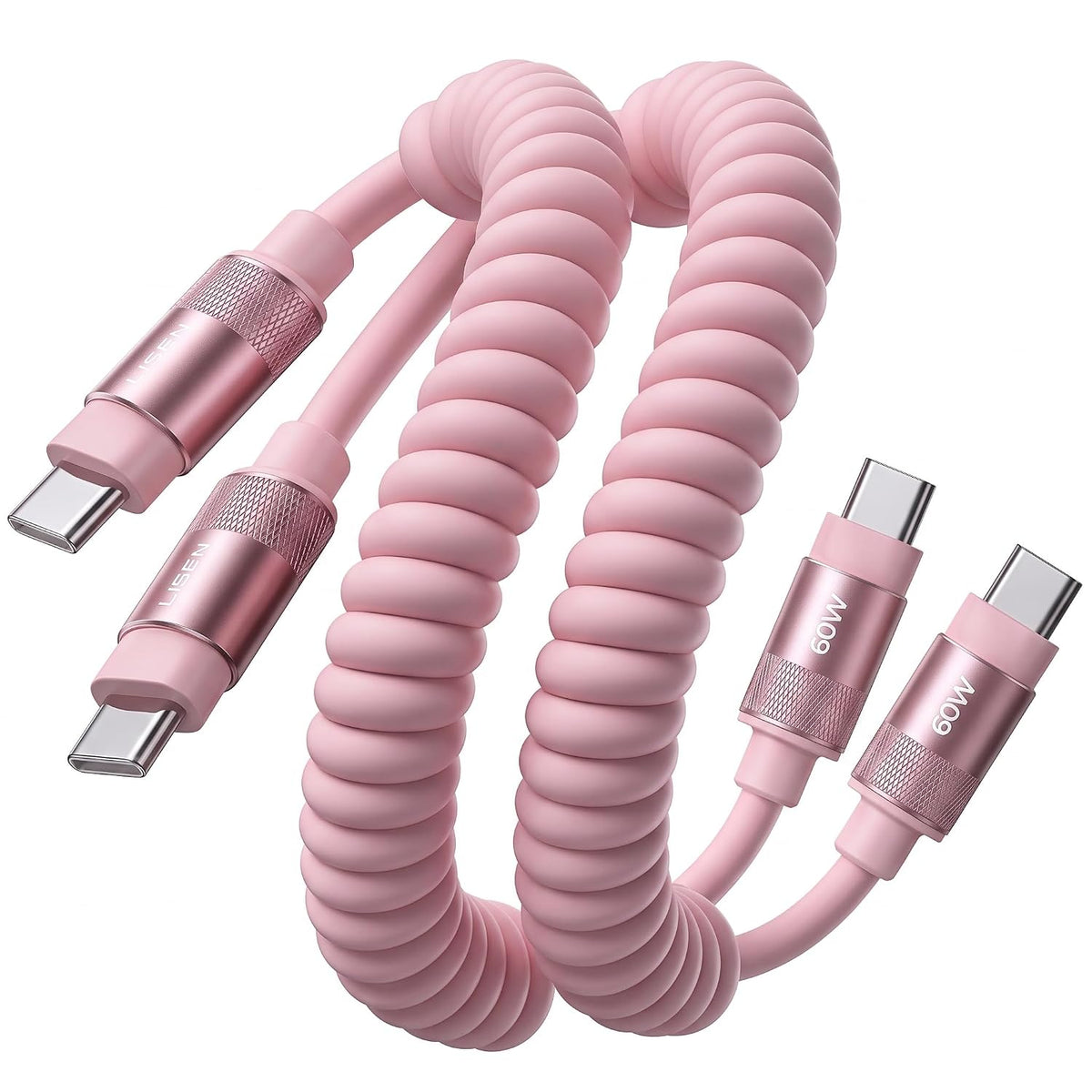 LISEN Cable USB C en espiral, paquete de 2 cables cortos de 60 W C a C de